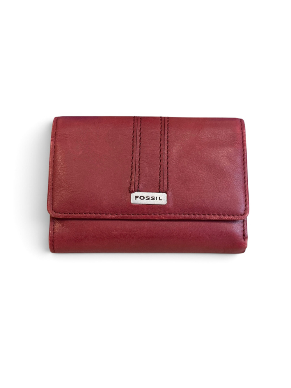 Vtg Y2K Fossil Womens Red Burgundy Genuine Leather Bifold Wallet Zip Coin Pocket